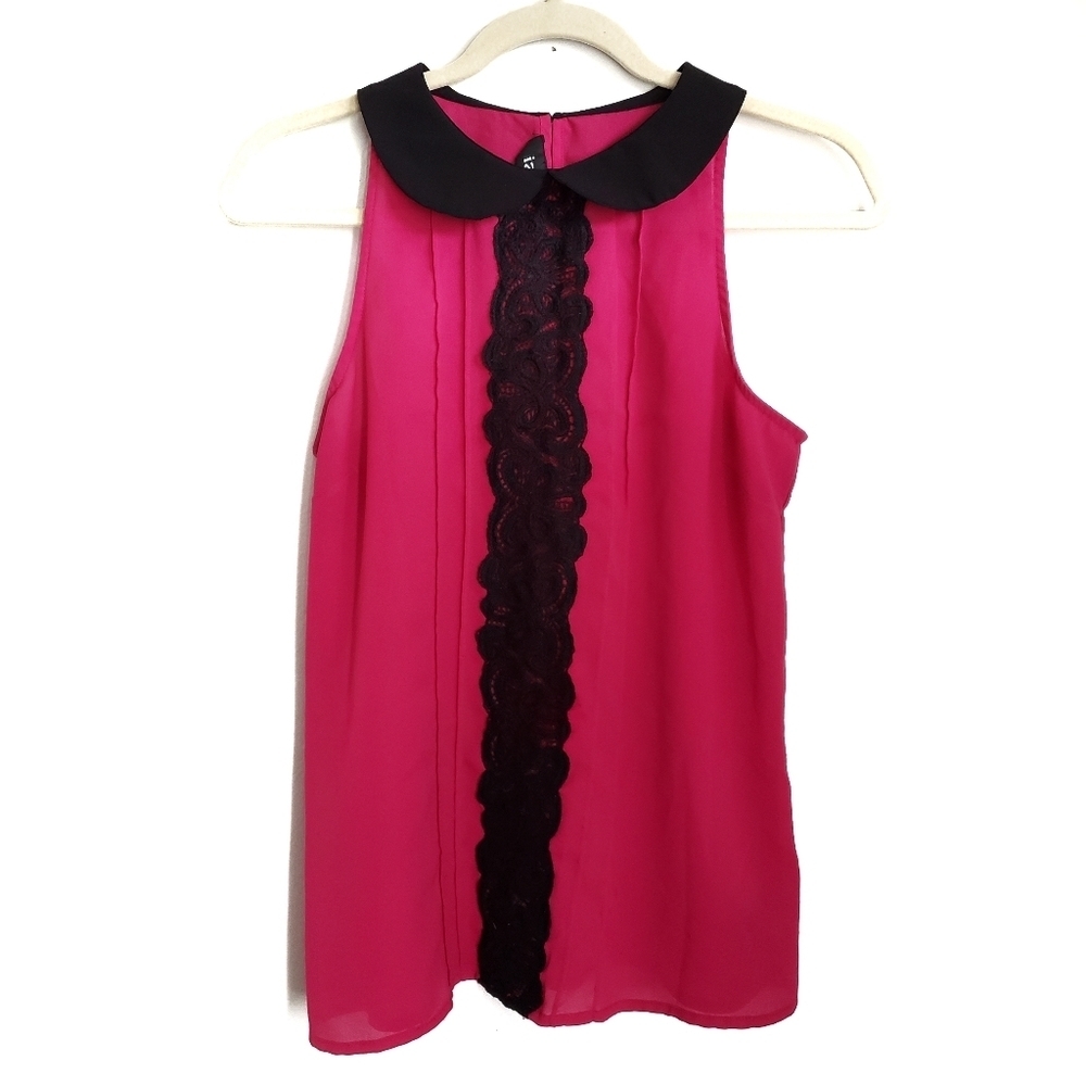 IZ Byer Top M Medium Pink Black Sleeveless Lace Collar Blouse